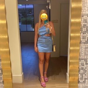 Satin One Shoulder Cut Out Waist Ruched Split Thigh Dress